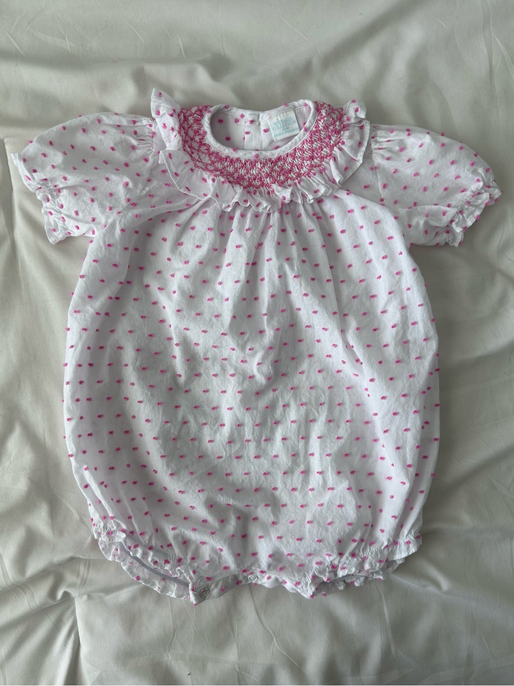 Edgehill Collection Bubble Romper 18 Months White Pink Swiss Dot Smocked Ruffled